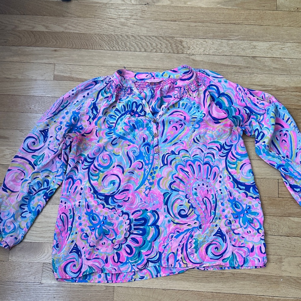 Lilly Pulitzer Elsa Silk Pink and Blue Swirl Blouse